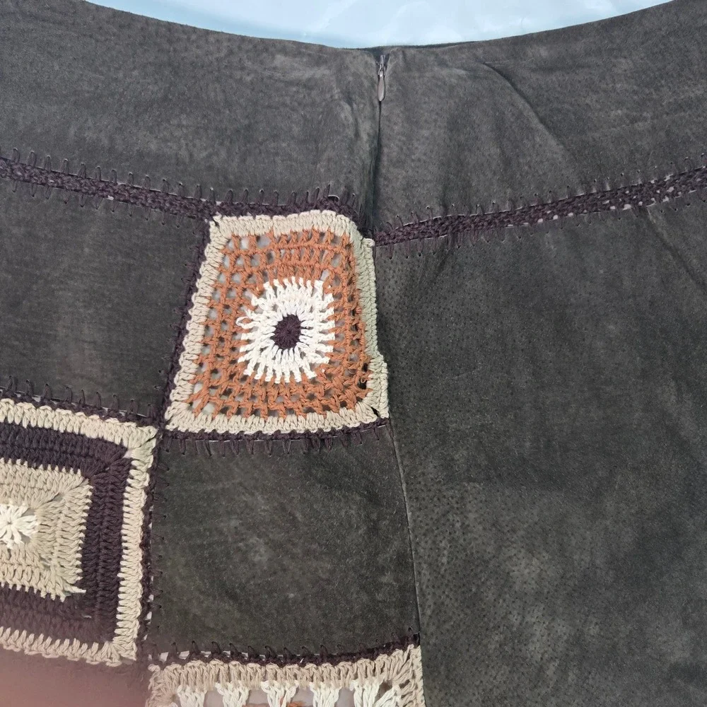 Genuine leather‎ crochet mini skirt brown Sz7 lining side zipper